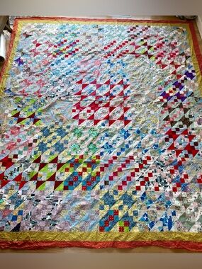 Very Large Colorful Vintage Homemade Hand Stitched Patchwork Quilt Top 106x93